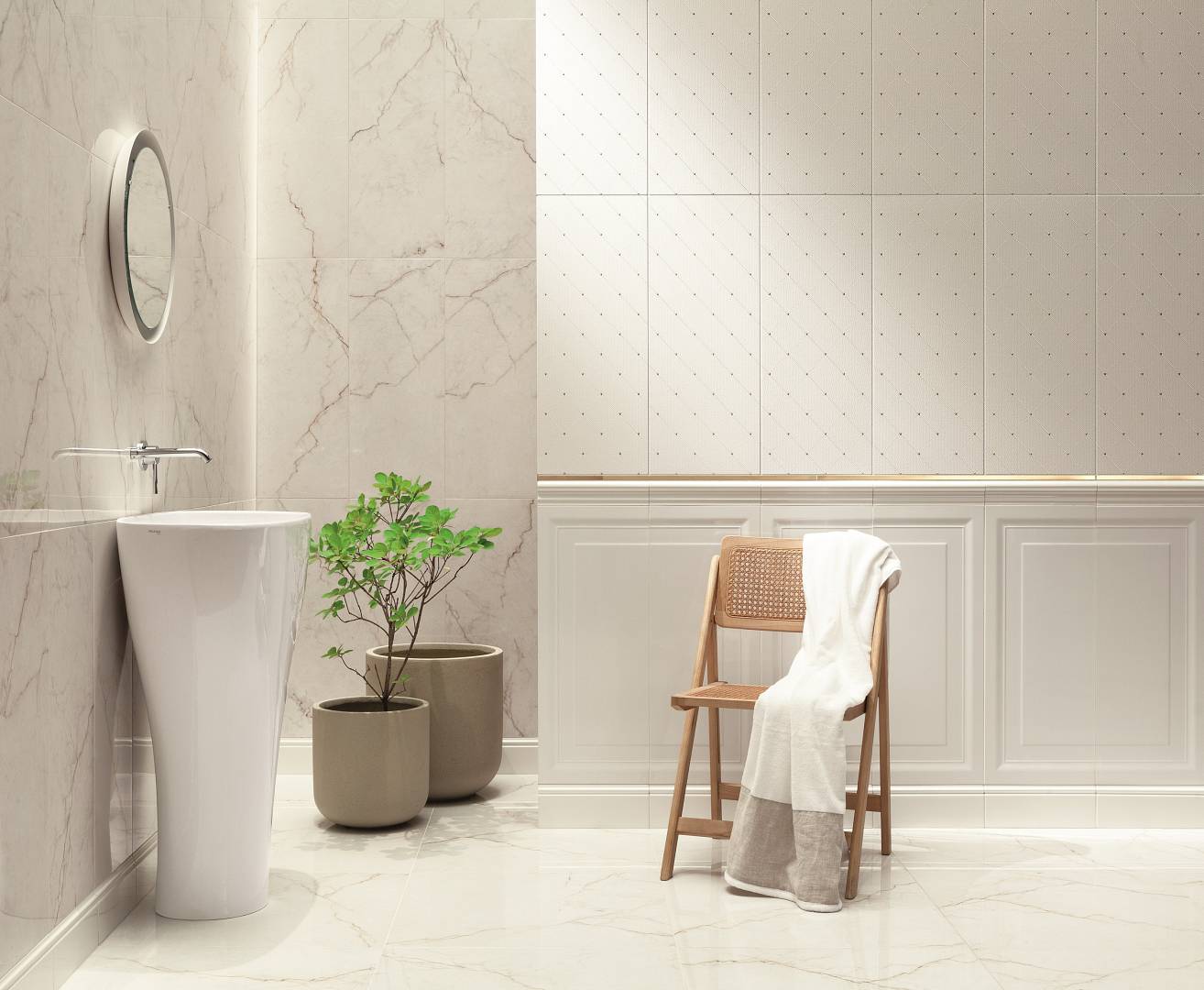 Białe płytki do łazienki z marmurowym wzorem